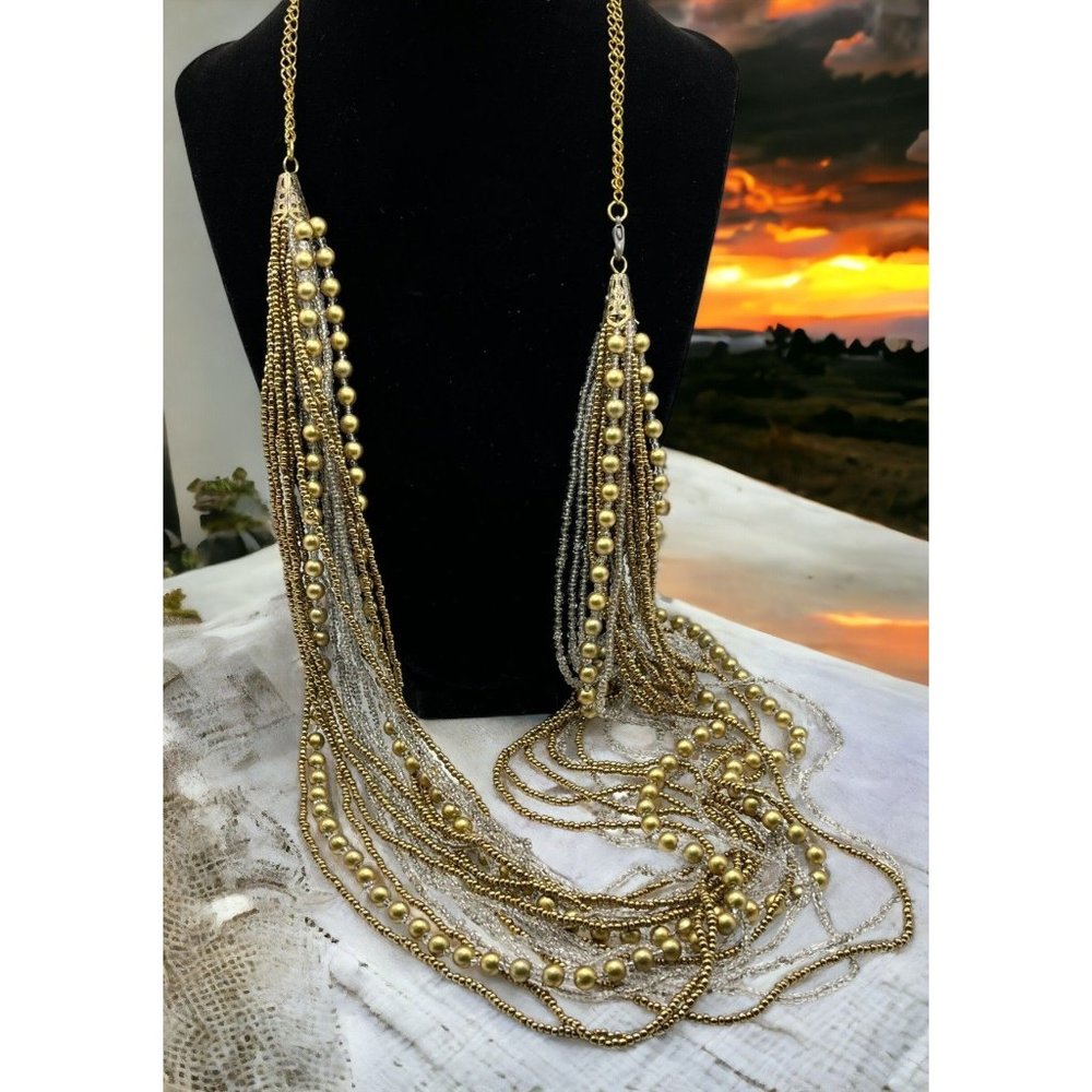 Vintage Beaded Multi Strand Necklace Seed Beads Gold Metal Tones 32" Long